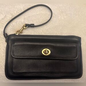 Coach Black Leather Wristlet with Gold Turnlock